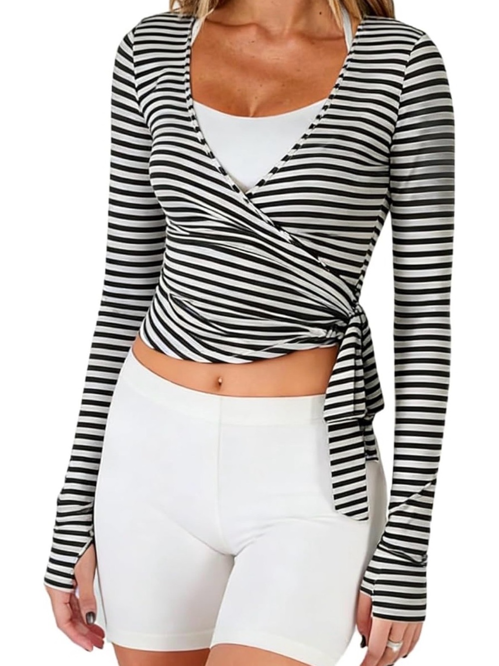 Women’s Black White Striped Wrap Pilates Yoga Top Thumb Hole Tie NWOT